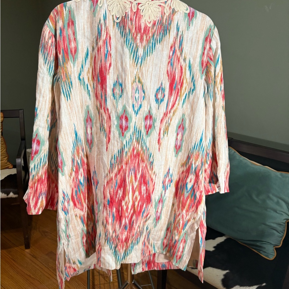 Chico's Vibrant Patterned Cardigan with Lace Trim - Picture 3 of 6
